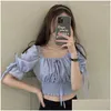 Womens Blouses Shirts Women Summer Solid Retro Bandage Design Slim Y Crop Top Fashion Korean Style Ladies Elegant College Drop Deliver Otu8K