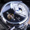 Wristwatches 2024 Forsining Mens Watches Automatic Mechanical Tourbillon Sport Clock Flywheel Multi-function Moon Display Leather Wrist