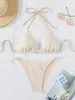 Maillots de bain pour femmes Sexy Beige Ridé Halter Micro Mini Bikini Ensembles Deux Pièces Cravate Femmes String Maillot De Bain Femme Maillot De Bain Biquini