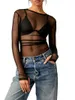 Damen T -Shirts Frauen Langarm Mesh Crop Top Top Rollkragenpolstere Bluse sexy sexy durch Tops Y2K Spitze auszugehen Hemd