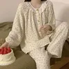 Vêtements de nuit pour femmes coréennes femmes pyjama ensembles floral piiama printemps 2 pièces dentelle à manches longues nuit porte bouton de sommeil costume à la maison 2024