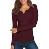 Camiseta de primavera para mujer, jersey ajustado de manga larga con cuello Henley acanalado de Color sólido para niñas 240130