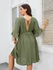 Plus Size Summer Dress for Women Wrap V Neck Ruffle Sleeve Smock Boho Beach Robe Oring Drawstring Belt Back Cut Tie Cloth 240202