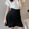 Юбки черная юбка для женщин весна летних бедра в корейском стиле сплошное рыбное хвост высокий талия короткие
