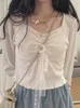 Doux dentelle haut femmes blanc mince t-shirt femme coréen col carré à manches longues t-shirts dames mode décontracté Chic chemise 240202