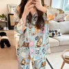 Pajamas for Female Spring and Autumncute Cat Cardigan Long Sleeved Set Satin Loungewear Women Lingerie Kawaii Girls Pjs 240201