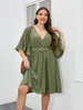 Plus Size Summer Dress for Women Wrap V Neck Ruffle Sleeve Smock Boho Beach Robe Oring Drawstring Belt Back Cut Tie Cloth 240202