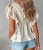 Kvinnors t skjortor casual skjorta kvinnor kläder ruffle fem v-hals topp vår sommar solid smal blommig broderi elegant modeblus