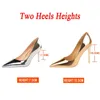 Kvinnor Metalliska läderpumpar 75 cm 105 cm höga klackar Lady Stiletto Low Wedding Bridal Silver Gold Sparkly Quality Shoes 240119
