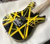 Eddie Edward Van Halen 5150 Guitare électrique noire à rayures jaunes, poupée banane, pont trémolo Floyd Rose, écrou de verrouillage, barre Whammy