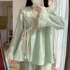 Fairy Vneck Dantel Bahar Pijama Setleri Kadın Sashes Kimono Tasarlanmış Gevşek Zarif Şık Şık Japon