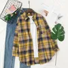 Women's Blouses Turn Down Collar Long Sleeve Patch Pocket Single-breasted Shirt Coat Classic Plaid Print Casual Mid-Length Cardigan Blouse