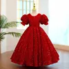 Girl Dresses Glitter Red Sequin Flower Long Christmas Party Dress Short Sleeves Birthday Pageant Wedding Guest For Girls