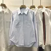 Women Shirts Spring Long Sleeve Blue Blouse Cotton Tops Female Korean Style Brief Turn Down Collar Pockets White Shirts 240131