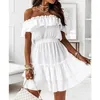 Casual Dresses Summer Sexy Dress Women Solid Color Lace-up High Waist Ruffles Pleated Short Butterfly Sleeve Slash Neck Mini