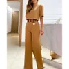 Ropa de diseñador para mujer Nuevas mujeres Color sólido Cuello redondo Manga corta Camiseta corta Pantalones anchos Conjunto casual Moda casual conjunto de mujer de negocios Pantalones de mujer JYN5