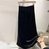 Saias de cintura alta saia preta elegante maxi feminino com bainha dividida macia cintura elástica tecido respirável para outono inverno tornozelo