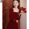 Casual Dresses Year Christmas Chic Elegant Annual Meeting Red Dress Women Square Neck French Design Bow Tie Long Velvet Vestidos