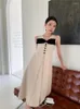 Casual Dresses Zcsmll Korean Fashion Bow Summer Modest Dress Women 2024 V Neck Sleeveless Beige A Line Ladies Tank Office Wear