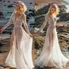 Boho 라인 웨딩 드레스 스팽글 스팽글 V 목이 긴 소매 로브 로브 드 신부 가운 해변 등이없는 신부 드레스