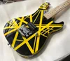 Sıcak Eddie Edward Van Halen 5150 Sarı Çizgili Siyah Elektrik Gitar Banana Kafası, Floyd Rose Tremolo Köprüsü, Kilitleme Fındık,