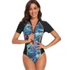 Maillot de bain à manches courtes pour femmes, protection contre les éruptions cutanées, body de Surf, fermeture éclair florale, Monokini, vêtements de bain, 2023, 240131