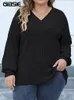 GIBSIE Plus Size Langarm-T-Shirts für Frauen Frühling Herbst Mode V-Ausschnitt Solide Rippenstrick Casual Tee Tops Weiblich 2023 Kleidung 240130