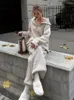 여자 2 피스 바지 패션 조각 니트 바지 세트 여성 가을 ​​폴로 칼라 스웨터 풀 오버 와이드 다리 탄성 허리 여자