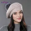 ENJOYFUR femmes hiver classique français béret cachemire laine tricot vraie fourrure Pom béret chapeau pour dame chaud mode fourrure pom béret 240127