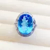 Cluster Rings Natural Real Blue Topaz Luxury Big Ring 925 Sterling Silver 12 16mm 13CT Gemstone Fine SMEEXKE WEMANS X223281