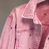 Kvinnor Rivet Beading Casual Pink Short Style Denim Jacket Top Quality Street Loose Batwing Sleeve Pocket Jeans Jacket Femme S-L 240129