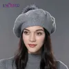 استمتع بنساء Winter Winter Classic French Beret Cashmere Wool Knit Real Fur Pom Beret Hat للسيدة أزياء دافئة الفراء بوم بوم 240127