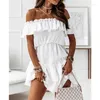 Casual Dresses Summer Sexy Dress Women Solid Color Lace-up High Waist Ruffles Pleated Short Butterfly Sleeve Slash Neck Mini