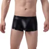 Cuecas masculinas sexy cintura baixa calcinha brilhante wetlook falso couro boxer briefs bulge bolsa aberta buunderpants roupa interior boate traje