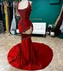 2024 ASO EBI Red Velvet Mermaid Prom Dress Beaded Crystals Lace Evening Formal Party Second Reception Birthday Engagement Gowns Dresses Robe de Soiree ZJ26