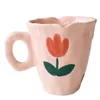 Canecas Handmade Cerâmica Pintada Tulipa e Nuvem Xícara de Café Irregular para Chá Leite Presentes Criativos