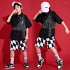 ステージウェアボーイズヒップホップダンスコスチュームスパンコールベスト半袖ブラックシャツ夏通り服の子供たちコンサート服BL8486