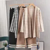 Camisetas femininas Oversized Houndstooth Knit Mulheres Cardigan Sweater Fatos Outono Inverno Malha Calças de Perna Larga Ternos 2 / Duas Peças Conjunto