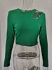 T-shirt da donna Autunno Inverno Ribber lavorato a maglia Donna 2024 Verde Primavera Cut-Out Bianco Basic Manica lunga Crop Top Casual Tees