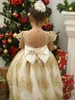 Girl Dresses Golden Flower With Bowknot Baby Girls Beaded Appliques Wedding Party Gowns Toddlers High Low Princess Pageant Dress