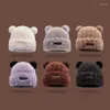 Bérets d'hiver en peluche pelucheux pour femmes, bonnet de protection chaud avec oreilles d'ours de dessin animé, couleur unie, pour filles