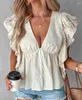 Kvinnors t skjortor casual skjorta kvinnor kläder ruffle fem v-hals topp vår sommar solid smal blommig broderi elegant modeblus