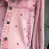 Kvinnor Rivet Beading Casual Pink Short Style Denim Jacket Top Quality Street Loose Batwing Sleeve Pocket Jeans Jacket Femme S-L 240129