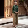 Etnische kleding Traditionele Chinese blouse Donkergroen Chinese kraag Lange mouwen Stijl Shirt Dames Cheongsam Top Tang Pak Vintage Femme