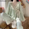 Fairy Vneck Dantel Bahar Pijama Setleri Kadın Sashes Kimono Tasarlanmış Gevşek Zarif Şık Şık Japon