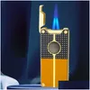 Зажигалки Новая ветрозащитная металлическая электрическая зажигалка для сигар Usb Двухструйная газовая горелка Турбо Бутан Заправка Платные гаджеты для мужчин Drop Dhfmr