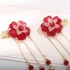 Hair Clips Hanfu Chinese Traditional Headdress Step Shake Long Tassel Pendant Red Flowers Pattern Ancient Bride Wedding Hairpins