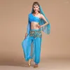 Stage Wear 2024 Sexy Belly Dance Costume Set 5 PCS (Top Pant midje Chain Veil Armband Pair) Bollywood/ Costumes Dancewear