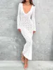 Robes décontractées Femmes Sexy Dos Nu Robe Tricotée Blanc Creux À Manches Longues Col En V Moulante Élégante Soirée Beachwear Rue