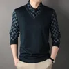 Spring and Autumn Men's Pullover Button Contrast Plaid Panel Long Sleeve Tshirt Fake Two Piece Polo Bottom Fashion Casual Tops 240124
